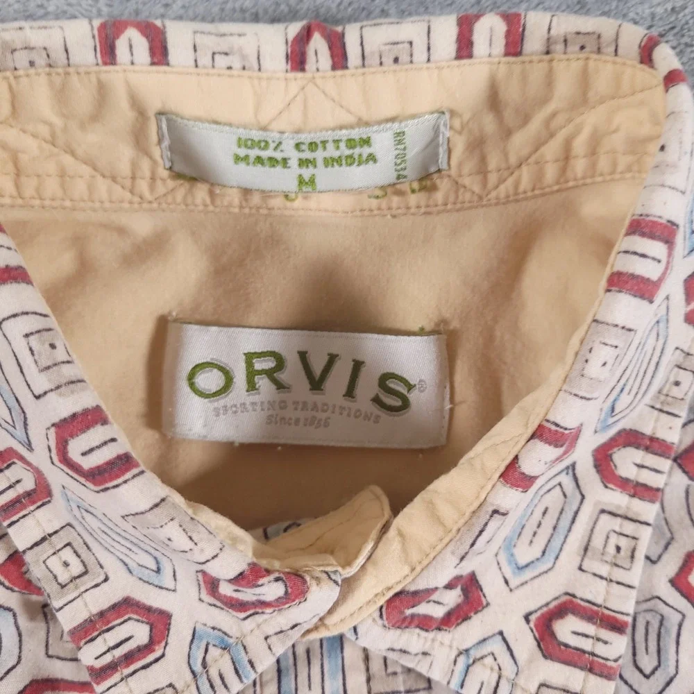 Orvis Shirt Mens Medium Beige Red Geometric Button Up Short‎ Sleeve Cotton